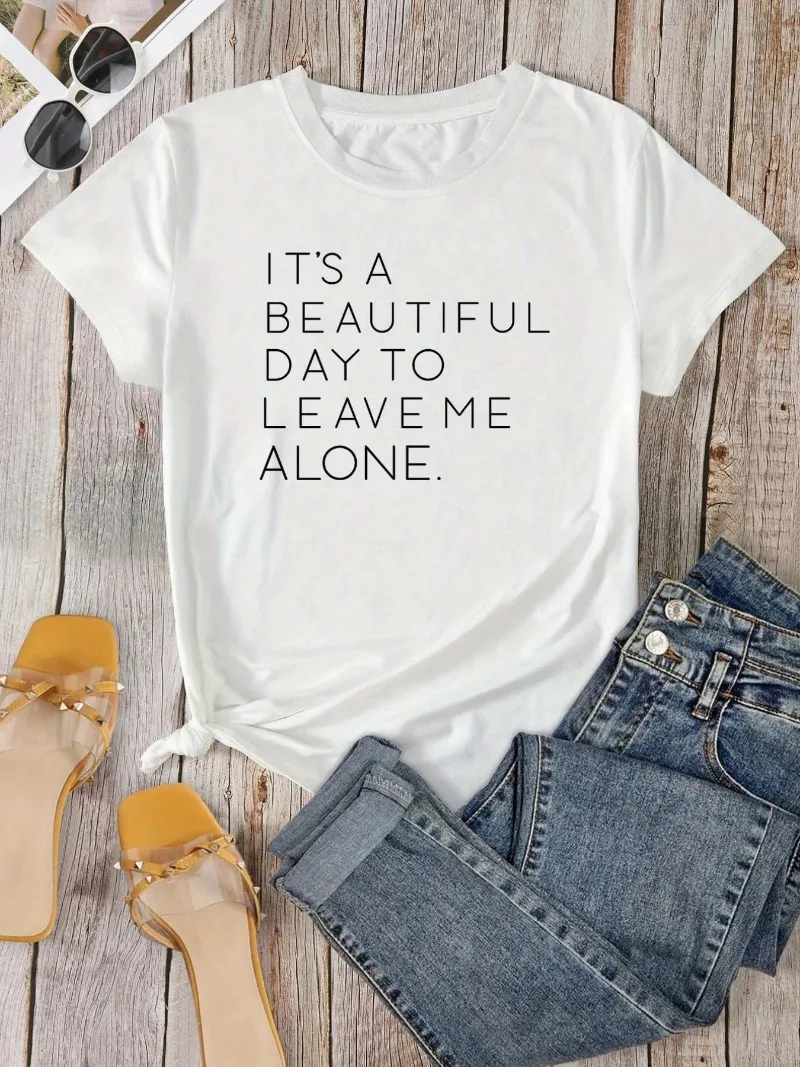 Women's Clothing Casual Leave Me Alone Print Crew Neck T-shirt, Loose Short Sleeve Fashion Summer T-Shirts Tops,