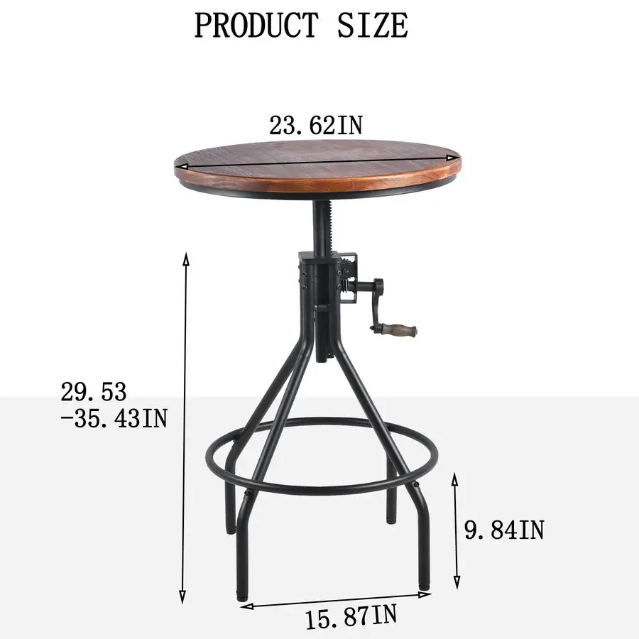 調節可能なヴィンテージスタイルの工業用ラウンドバーテーブル、回転式木製トップメタルフレーム付き、高さ29.5335.43、クランクHで簡単に調整可能