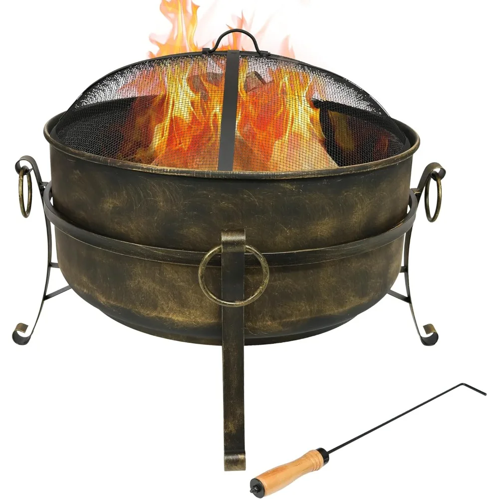 

Outdoor Wood-Burning Fire Pit Bowl, 24-Inch Small Size, with Spark Screen, Log Poker, and Grate