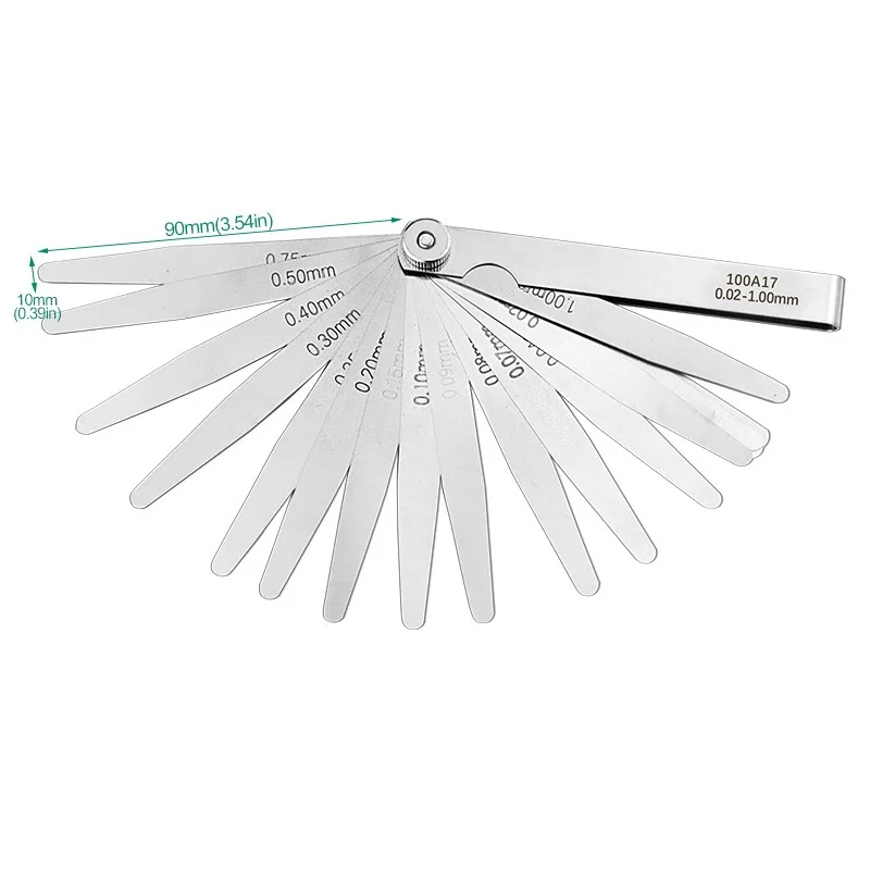 

17-лезвийный щуп 0,02-1 мм, толщиномер, измерительный инструмент, клин зазора для регулировки клапана двигателя, инструмент для измерения постоянного тока