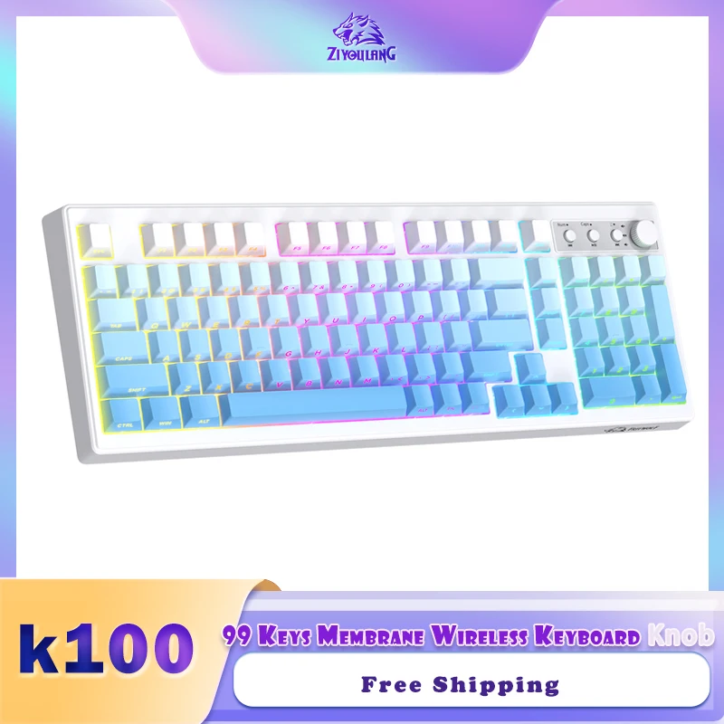K100 99 Keys Gaming Membrane Wireless Keyboard with Media Knob,Tri-Mode BT/2.4GHz/USB-C,Side Printed Keys RGB Backlit