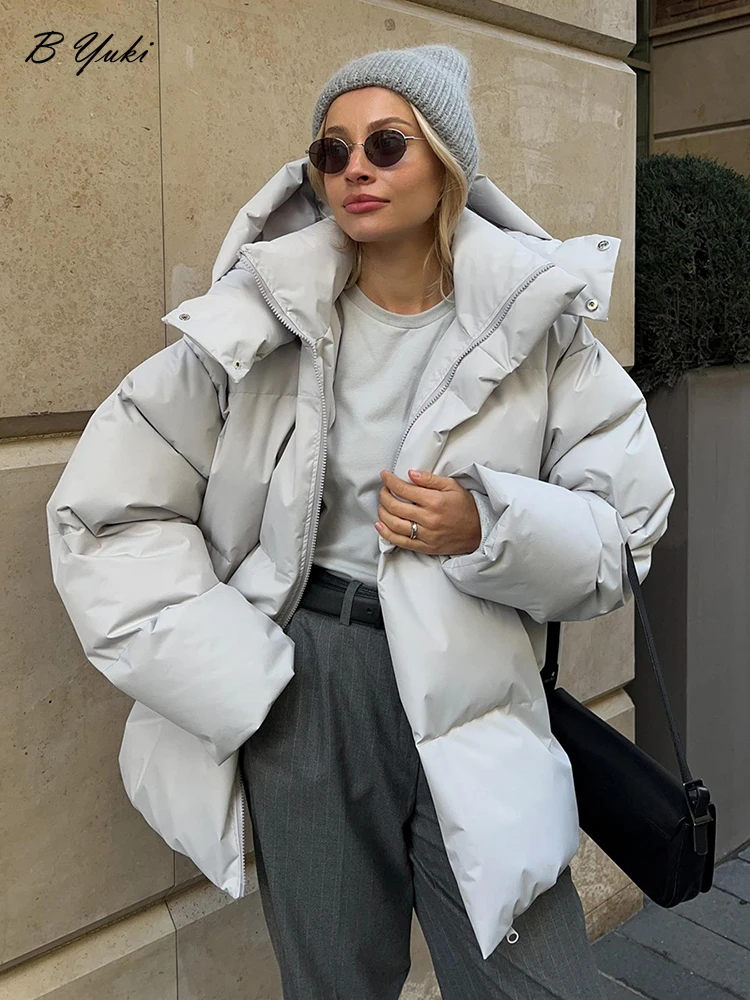 

Blessyuki Winter Oversized Casual Solid Cotton Coat Women Simple Thick Warm Hooded Parka Women Zipper Jacket Snow Clothes 2023