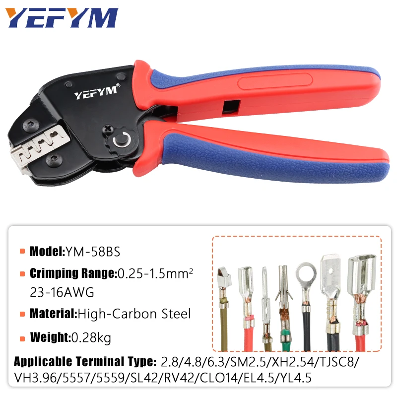 XH2.54/SM2.54/2.8/4.8/6.3 Terminals Crimp Mini Pliers YM-58BS 0.25-1.5mm²/23-16AWG Ratchet YEFYM Electrical Tools 175mm