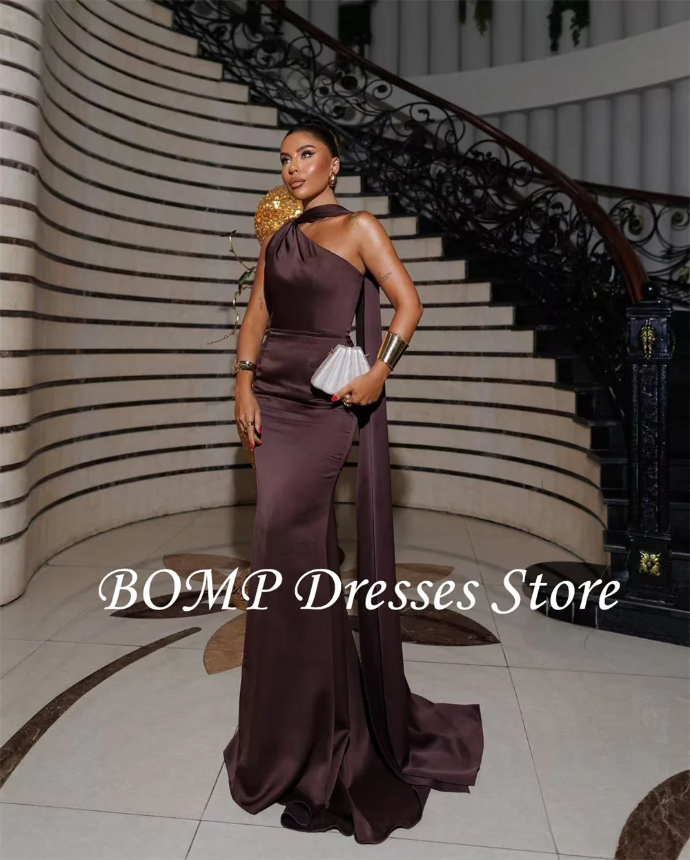 BOMP Formal Elegant Evening Dresses Satin Mermaid Purple Brown Silk Long Floor-Length Prom Party Gown Women Customized