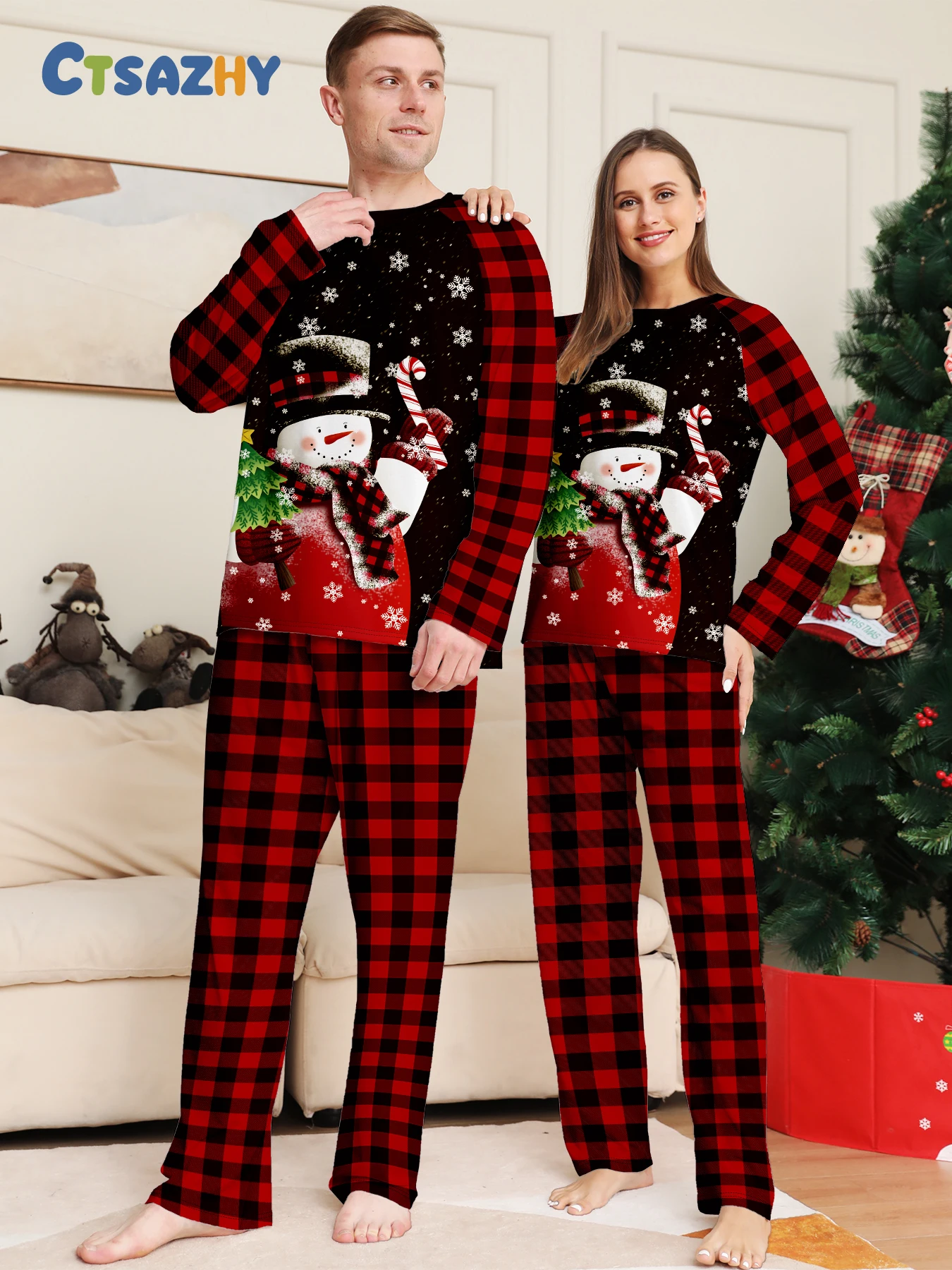 

Couple Christmas Pajamas Snowman & Plaid Print Long Sleeve Nightwear