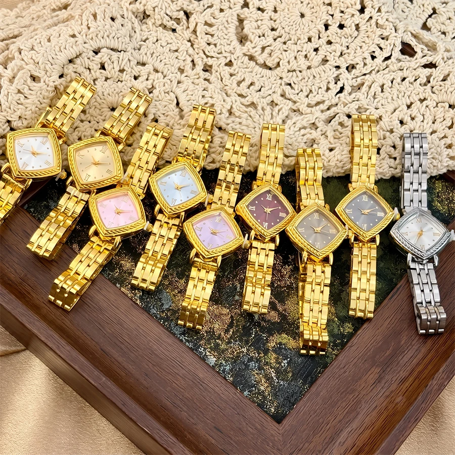 Gold Watch: Mid-century Retro Diamond Dial Brushed Stainless Steel Band Timeless Classic Watch for Ladies