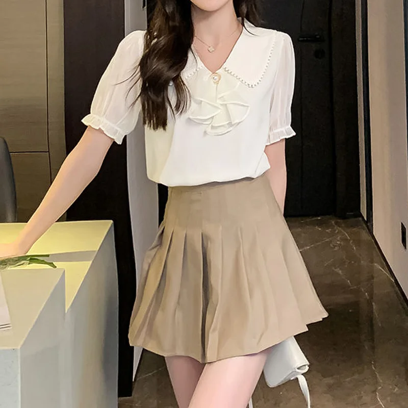 Summer New Short Sleeve White Chiffon Shirt Tops Solid Color Youth All-match Elegant Blouse Fashion Temperament Women Clothing