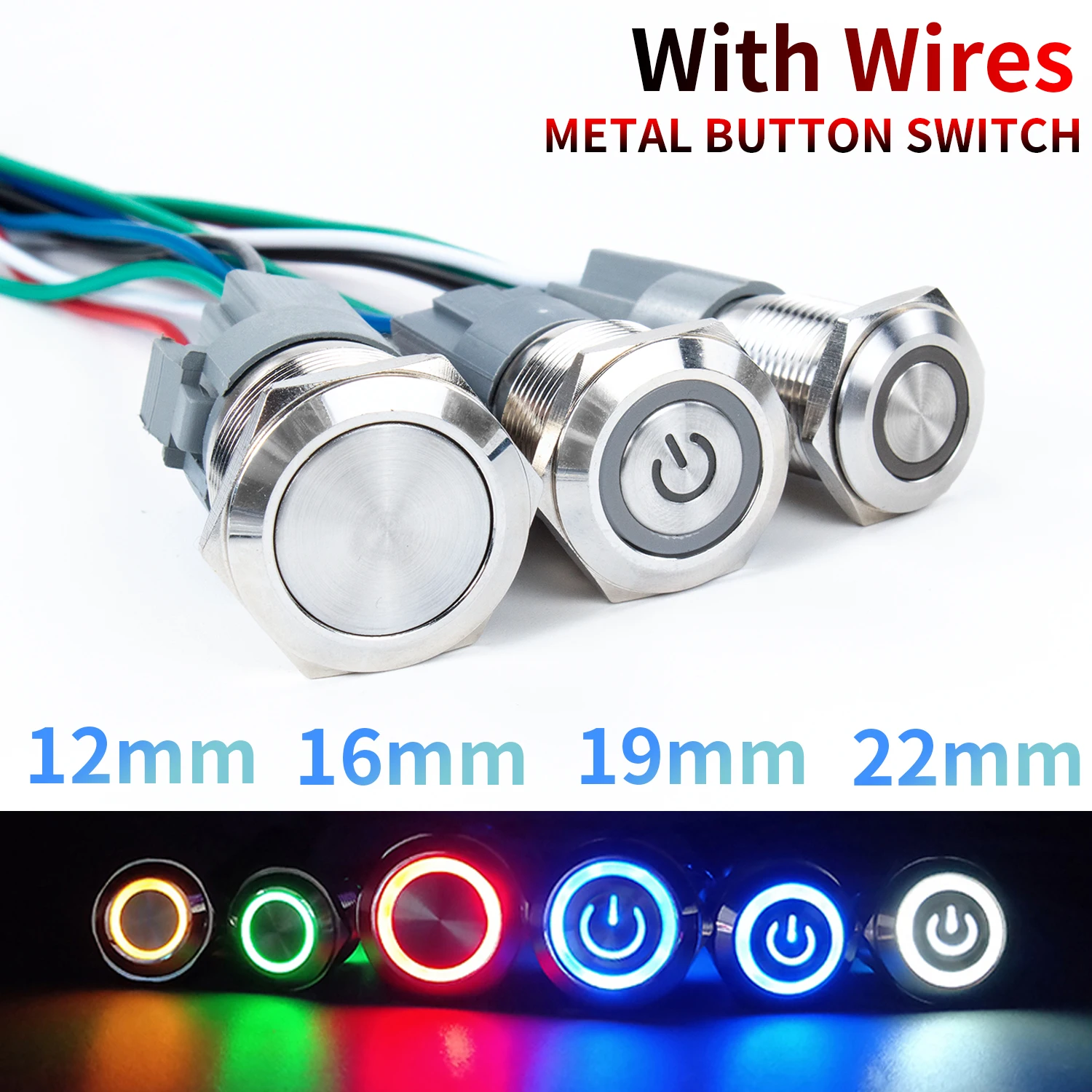 

16 19 22mm With Wire Waterproof Metal Push Button Switch LED Ring/Power Light Momentary Latching 5/12/24/220V silver1NO1NC