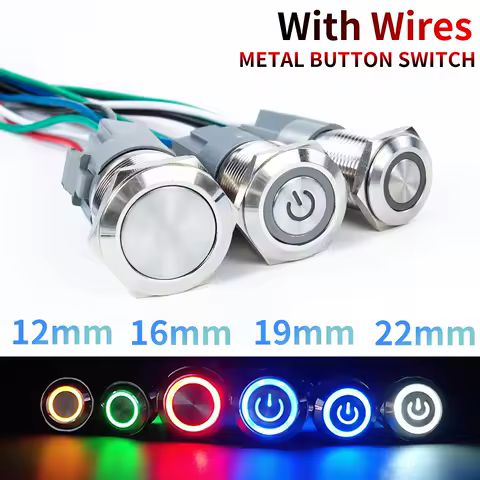 16 19 22mm With Wire Waterproof Metal Push Button Switch LED Ring/Power Light Momentary Latching 5/12/24/220V silver1NO1NC