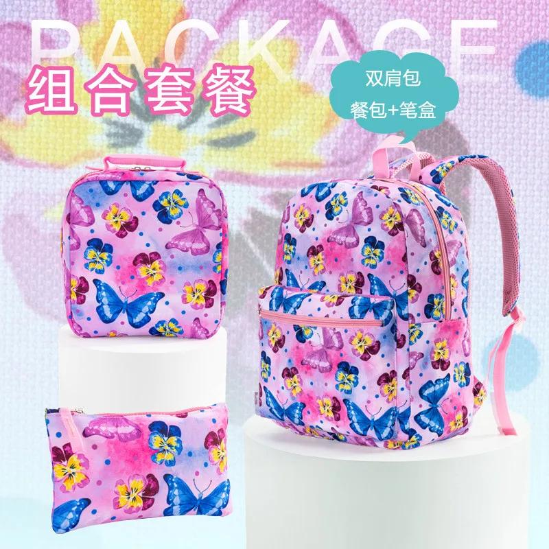 Girls Backpack 3 Piece Set Primary School Student School Bag Insulated Lunch Bag and Pencil Case Butterfly Print