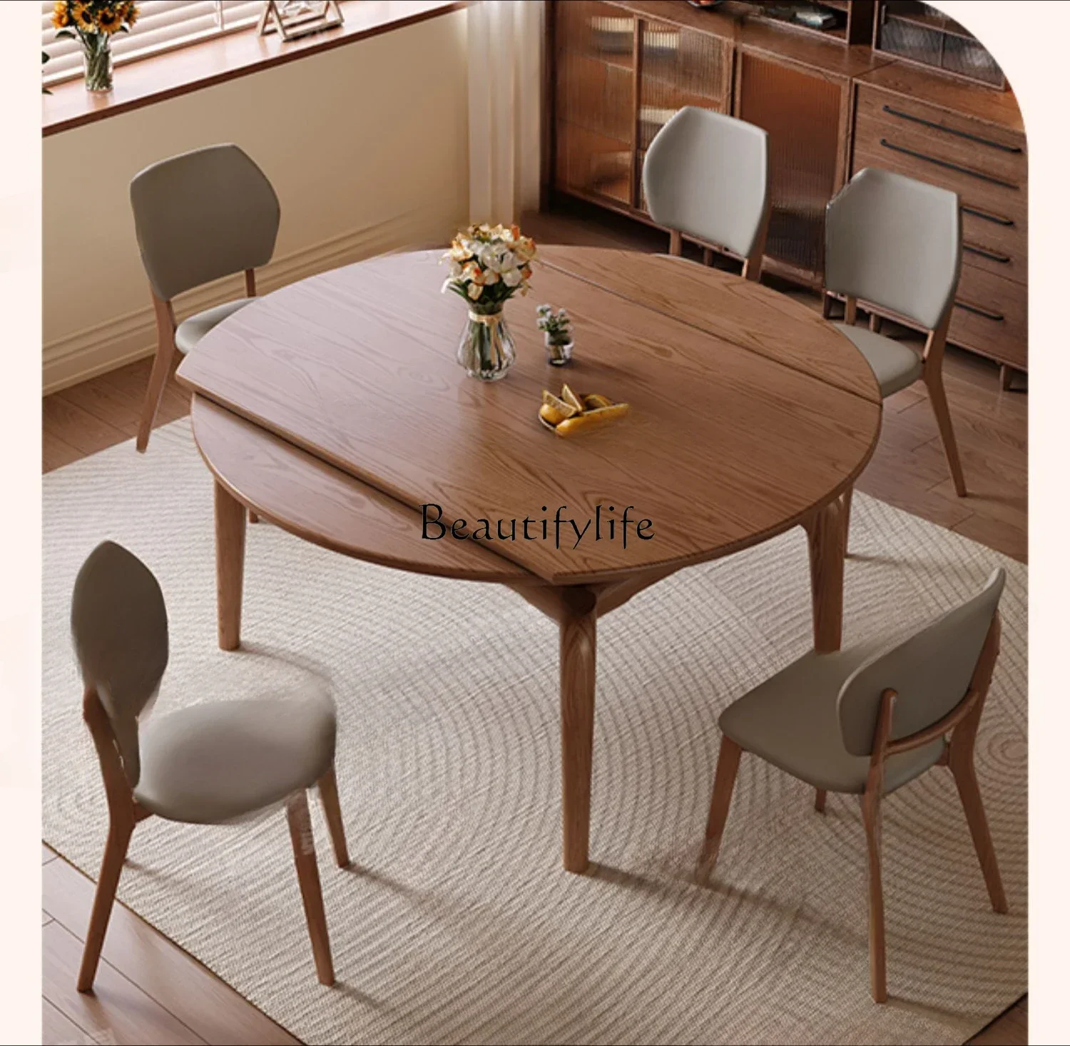 X4 Ash wood retractable dining table square and round dual-purpose folding walnut medium-ancient solid wood