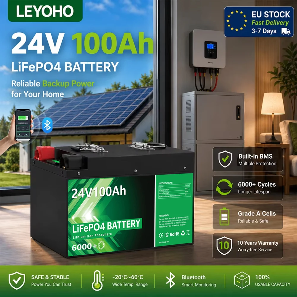 LiFePO4 24V 100Ah 2.56Kwh Battery Pack 6000 Cycles Bluetooth BMS 25.6V 200Ah 300Ah 340Ah 12V Solar Home Lithium Battery EU STOCK
