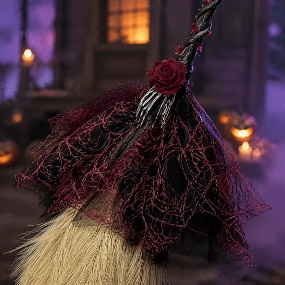 Princess Gothic Style Witch Broom Black Tulle Plastic Material Witch Hat Lolita Style Red Rose Magic Wand Cosplay Events