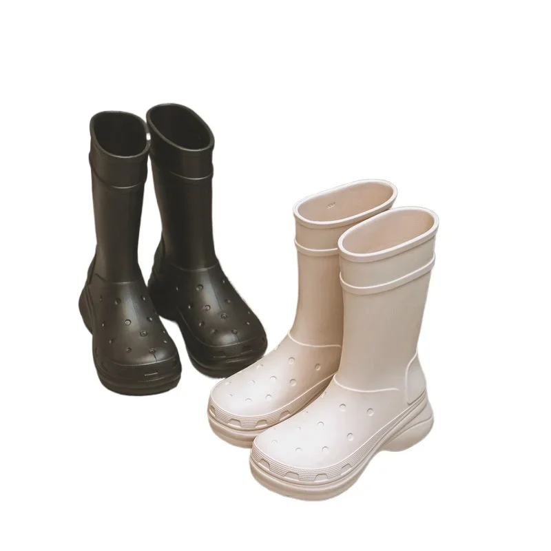 أحذية الثلوج النسائية عالية الركبة سهلة الارتداء لجميع المواسم - أحذية المطر الشتوية المعزولة الحرارية المقاومة للماء، لون خالص دافئ بدون خياطة