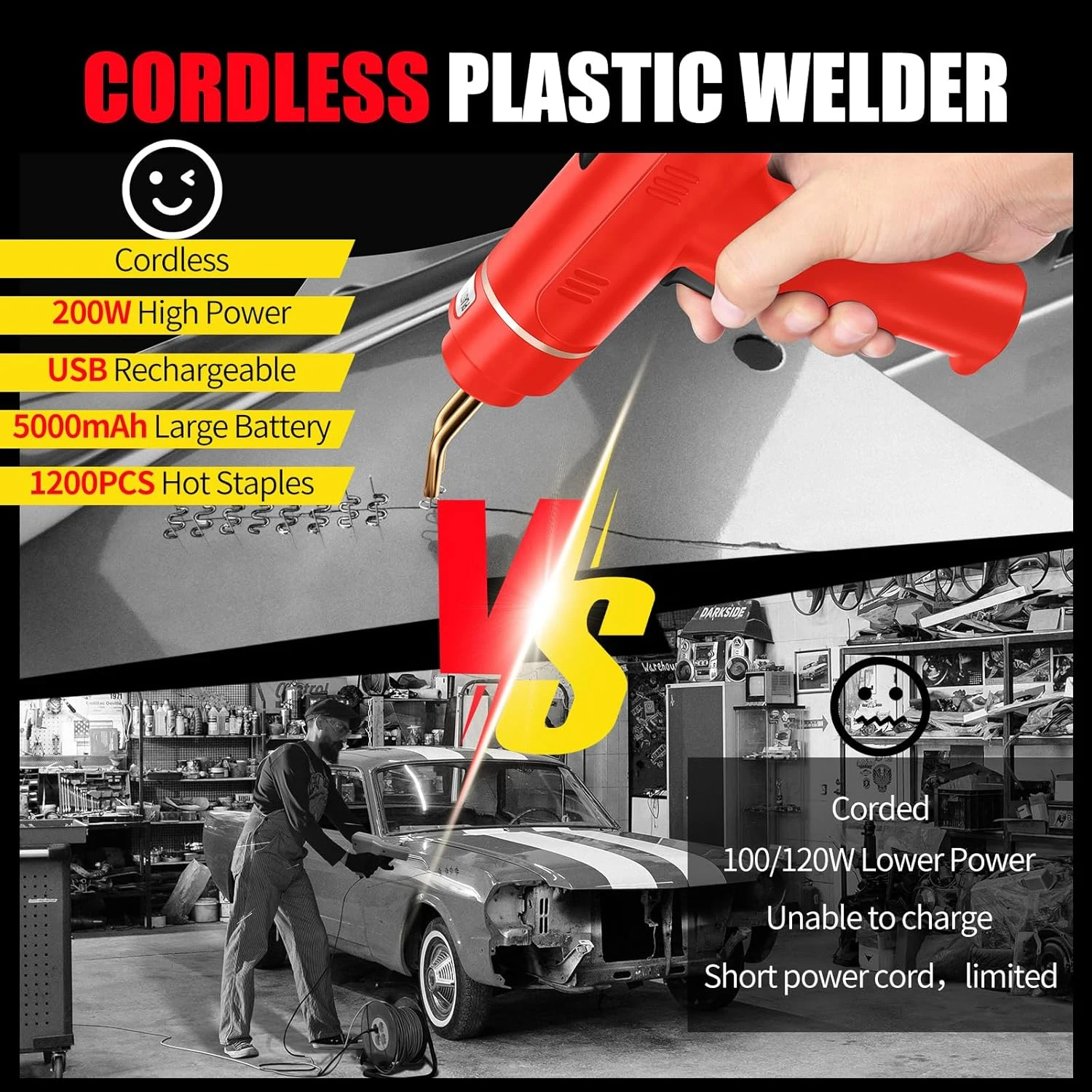 200W Cordless Plastic Welder Plastic Weld Kit with 4 Tpyes Hot Staples Plastic Welding Machine Tool 5.0Ah Rechargeable Battery