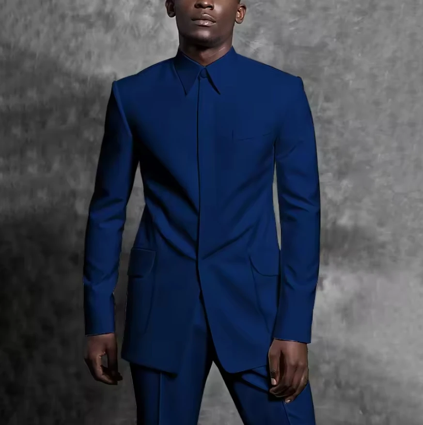 

Tailored Man Suit Stand Collar Tuxedo Gentleman Solid Color Outfit Set 2 Piece Suits Smart Casual Daily Office Male Clothing