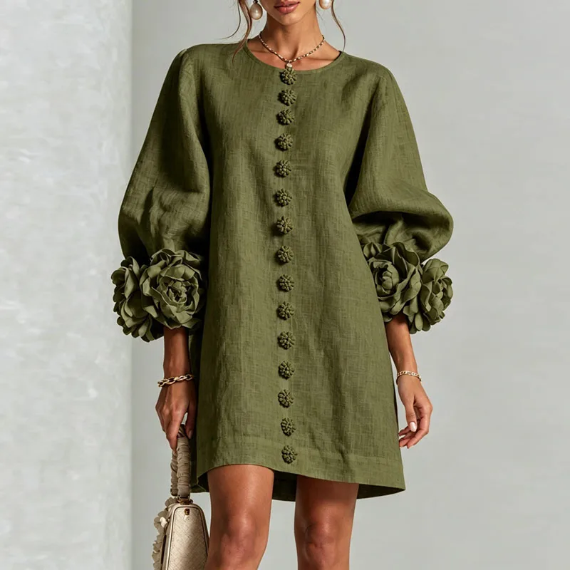 Elegant Solid Dresses Women Round Neck Lantern Sleeve 3D Flower Cuff Decorative Button Loose Short Dress Casual Streetwear Dress
