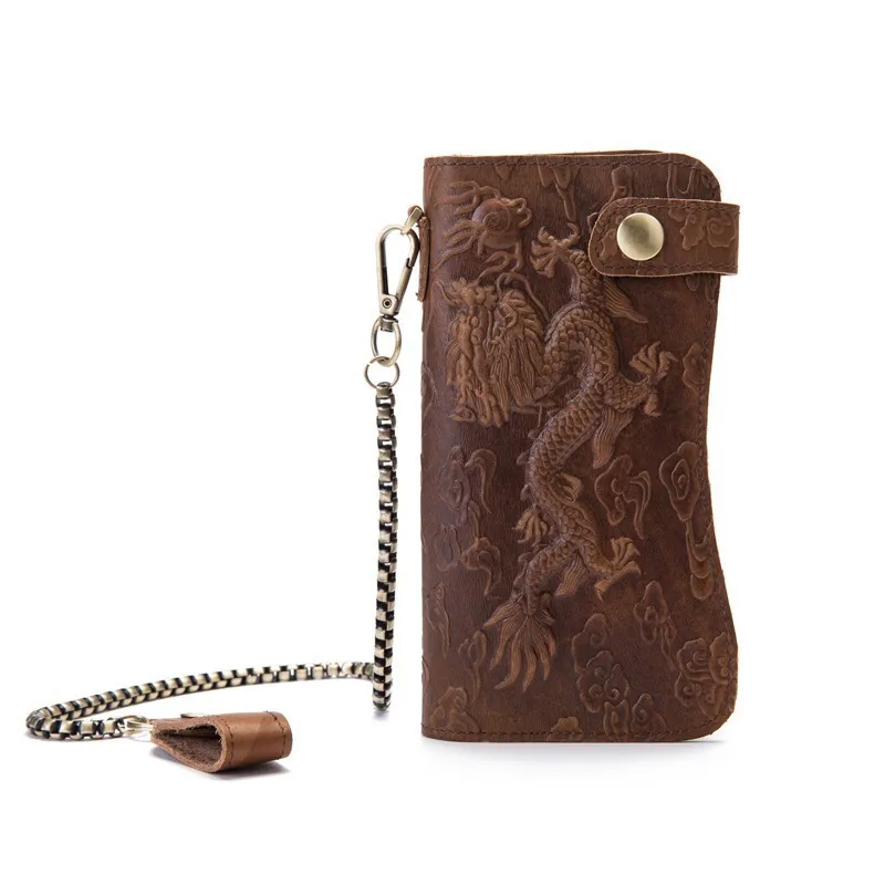 B161 Anti Theft Iron Chain Oil Wax Leather Wallet, Retro Dragon Pattern Top Layer Cowhide Long Card Bag