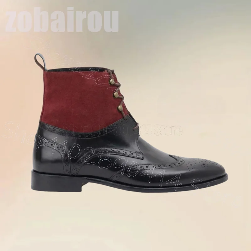 

Brown Black Patchwork Carving Design Strappy Boots Fashion Slip On Men Shoes Luxury Handmade Party Dating Office Men Dress Shoes