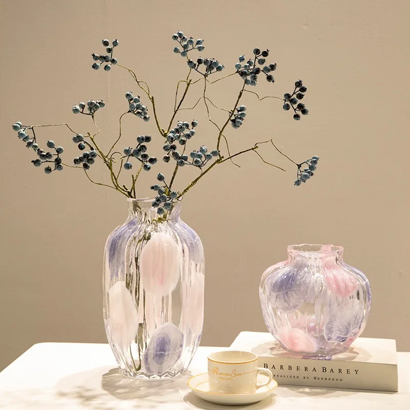 

Розовая, синяя, фиолетовая ваза в горошек, простая полосатая стеклянная ваза ручной работы для цветов, украшение для проживания в семье