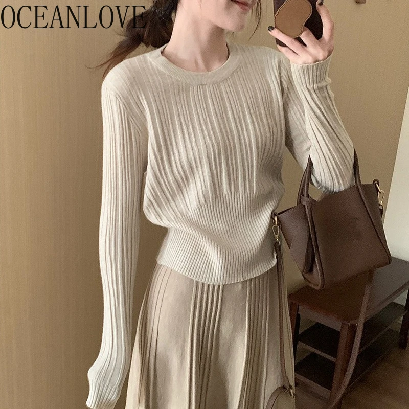 

OCEANLOVE Woman Sweaters Solid Autumn Winter Basics Short Pullovers Korean Fashion Slim 6 Colors Vintage Simple Pull Femme