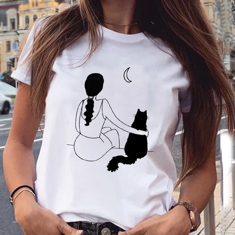 Camisetas femininas de manga curta para gato, moda animal adorável, streetwear estampado em desenhos animados, tops, camisetas, primavera, verão