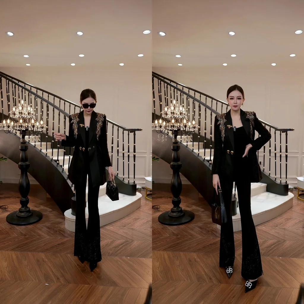 

Slimming Fit Luxury Design Trendy Two-Piece Set Top Micro Flare Pants Faionable Long Sve Long Pants Polyester Ensemble