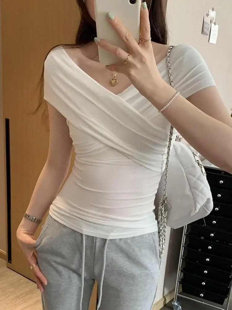 

Korean Women New Black White V Neck Elegant Off Shoulder Pleated T-shirt Summer Blue Short Sleeve Holiday Pullovers Tops Clothes