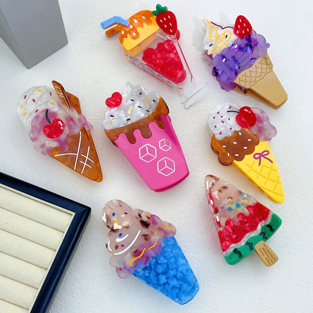 

Summer Fruit Ice Cream Claw Clip Acetate Niche Design Grab Hair Clip Cute Colorful Shark Clip Hair Accessories for Women Girls