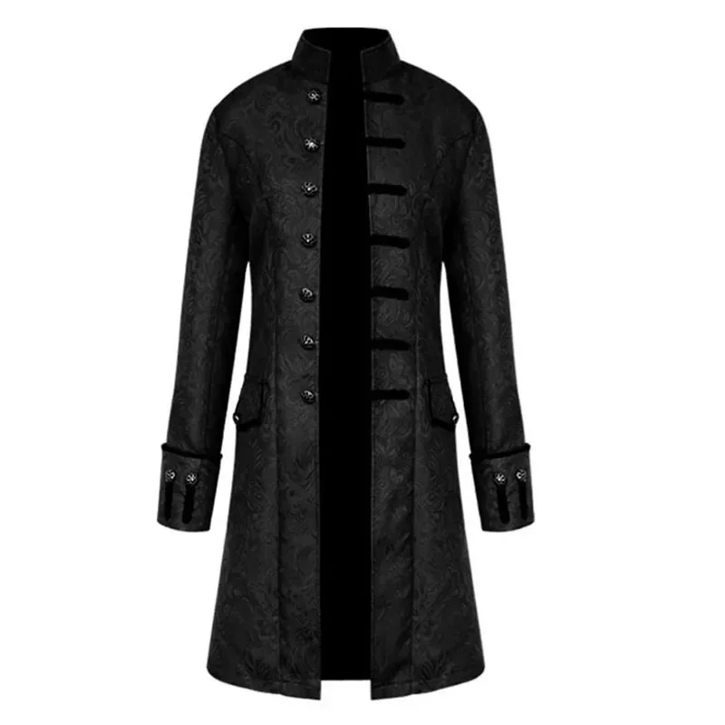 Black Gothic Steampunk Cotton Jacket Coat Victorian Edwardian Costume Men's Long Military Uniform Dress Suits Roll-Up Sleeves