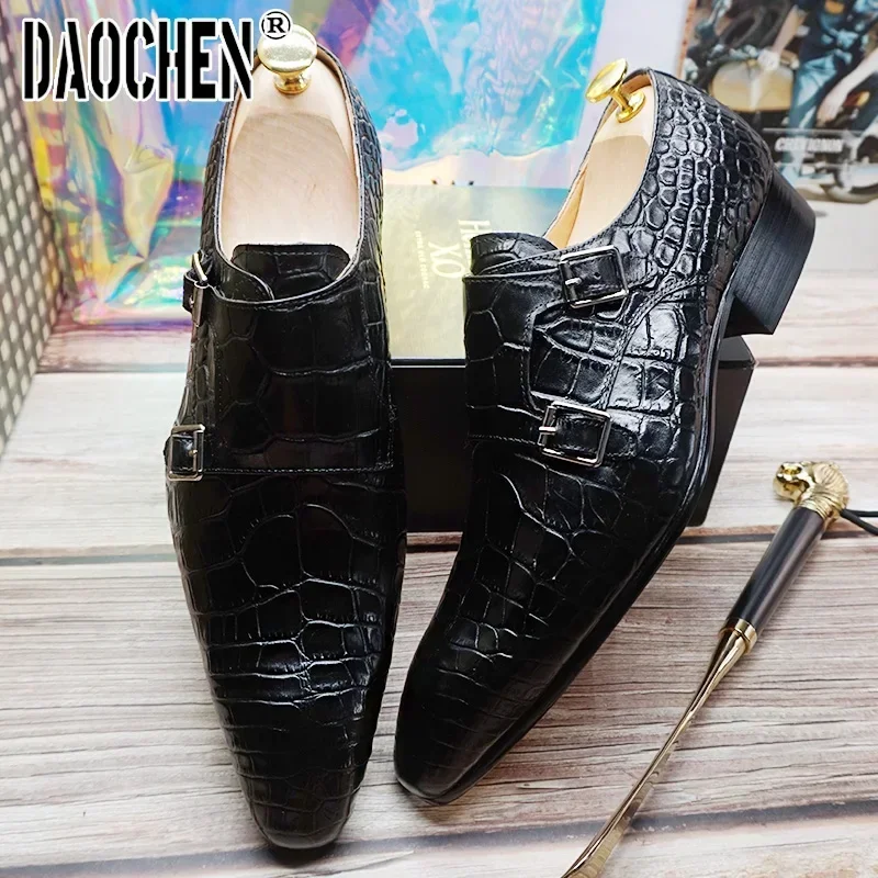 Luxury Men Shoes Black Brown Buckle Strap Loafers Genuine Leather Mens Dress Wedding Office Business Monk Shoes For Men