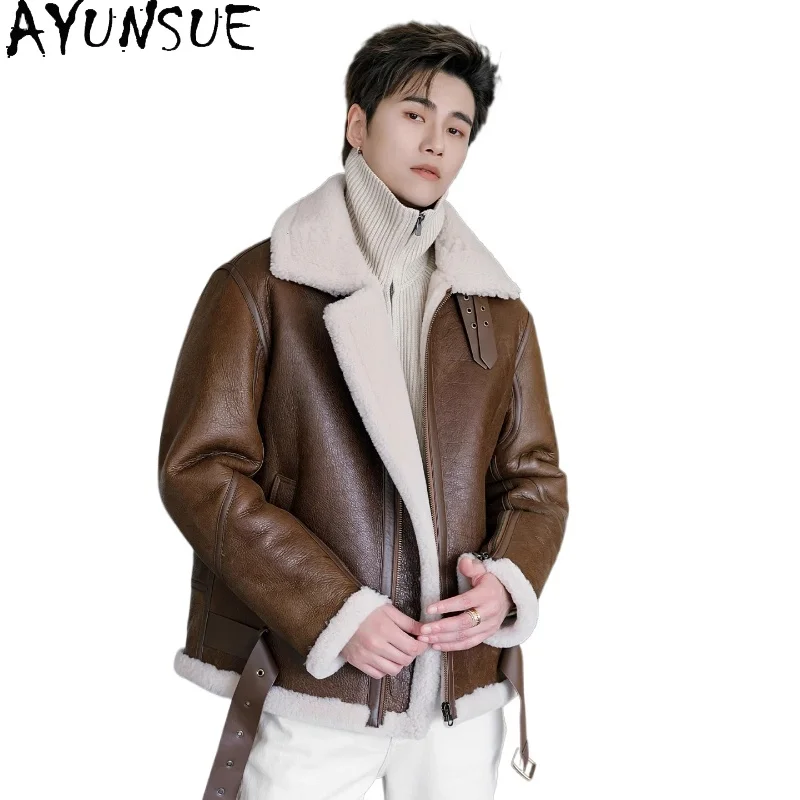

AYUNSUE Natural Wool Fur Coat Man Leather Jacket Warm Autumn Winter Korean Style Genuine Leather Jackets Real Brown Fur Coats