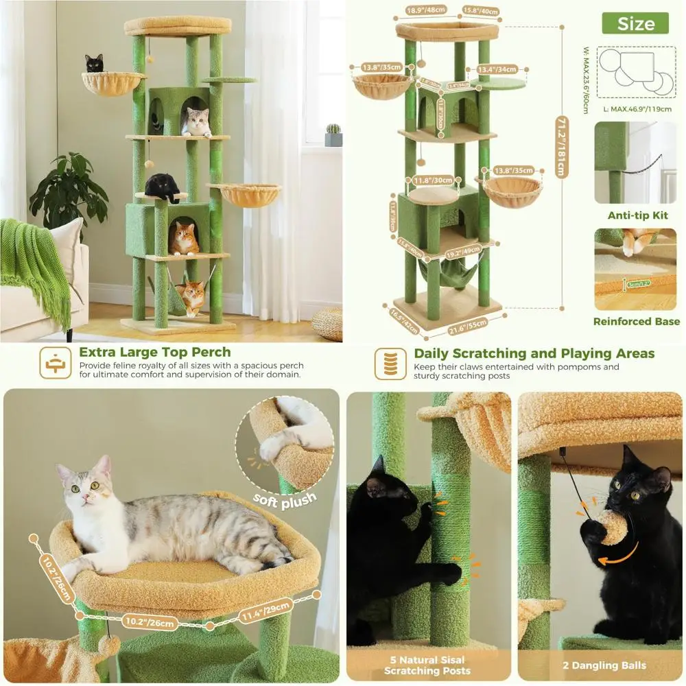 

Большое 70-дюймовое высокое кошачье дерево с гамаком, когтеточками, презервативами и верхними насестами для больших кошек - мебель премиум-класса для кошек