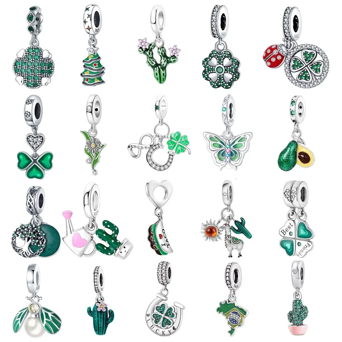 

Original 925 Charms Sterling Silver Green Cactus Clover Christmas Tree Butterfly Pendant for DIY Bracelet Ladies Jewelry Gift