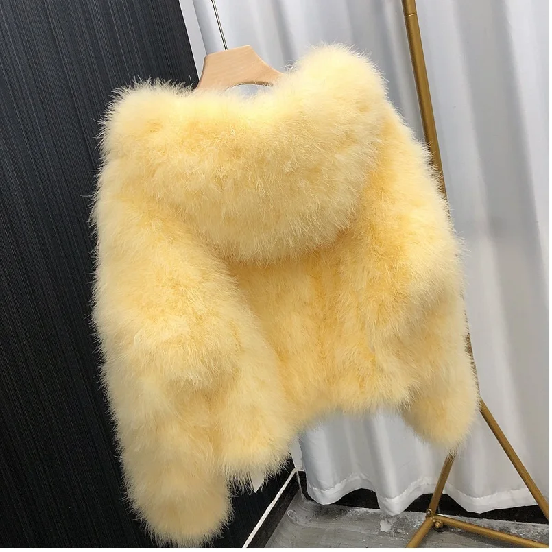 Women Natural Ostrich Fur Feather Crop Jacket with Hood Fluffy Coat for Wedding Party Festival Luxurious Bride Jacket