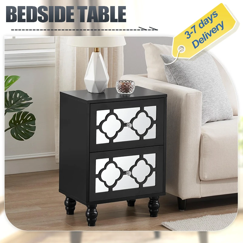 Bedside Table End Table with 2 Storage Drawer Dressr with Mirrored Drawer Chest for Bedroom, Nursery Living Room Easy Assembly