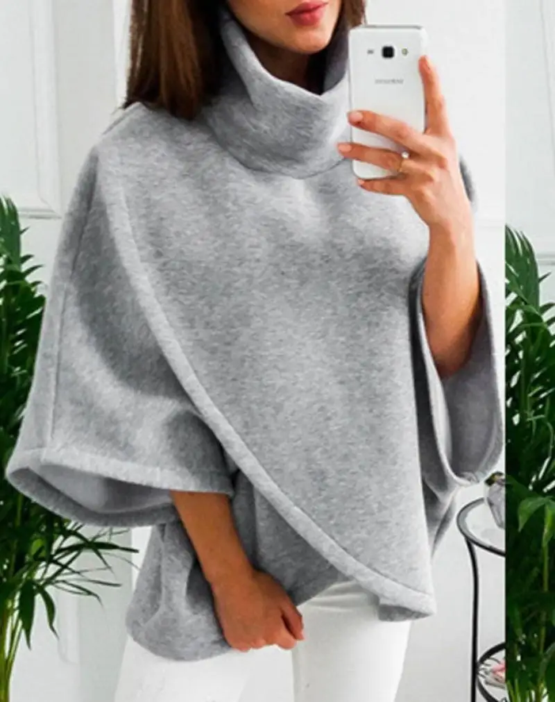 

Temperament Women Sweatshirts Pullover Autumn Winter High Neck Asymmetrical Hem Cape Shaped Wrap Sweatshirt Solid Color Top