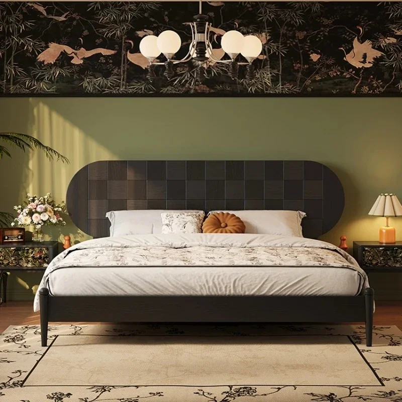 Black all solid wood bed French retro small apartment master bedroom antique double bed