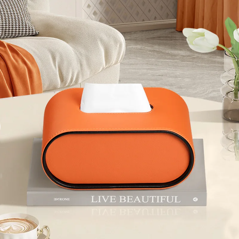 Paper Box Light Luxury High-end Living Room Creative Oval Leather Tissue Box Bedroom Desktop Napkin Storage Box