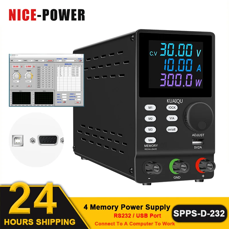 

RS232/USB Port Lab Power Supply 300V 30V Adjustable Programmable Source 4 Set Memory Color LCD Output Switch Voltage Stabilizer