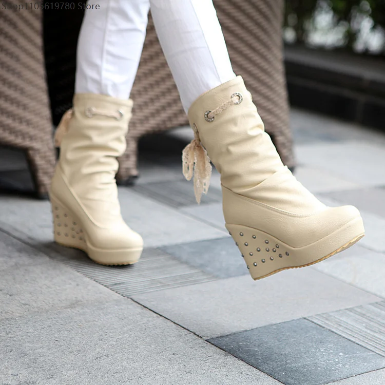 European Fashion Wedge High Heel Ankle Boots Women Sweet Lace Strap Lady Footwear Suitable For Cosplay Theme Party Outfit