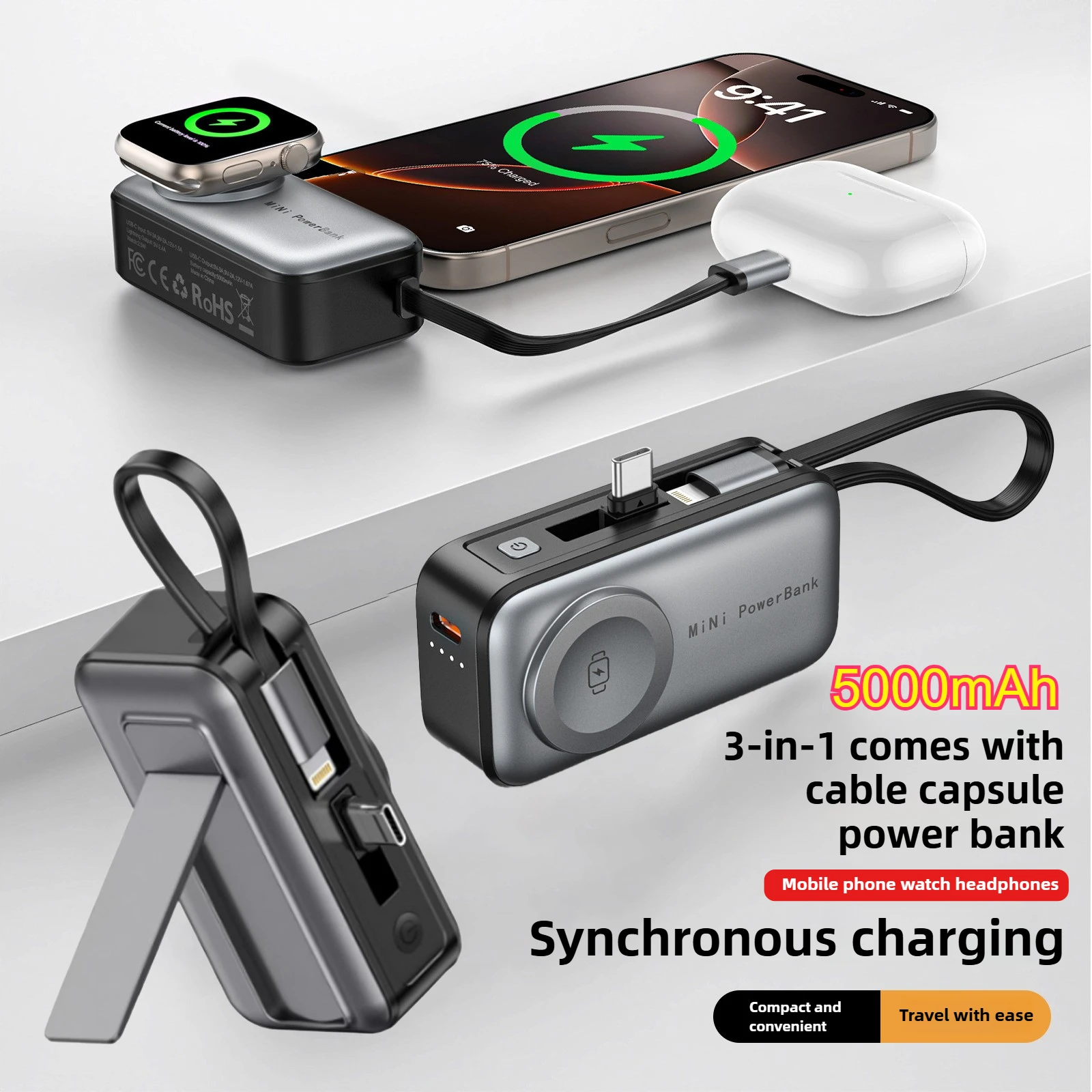 بنك طاقة مغناطيسي صغير بقدرة 5000 مللي أمبير في الساعة مع شاشة رقمية وبطارية خارجية محمولة لهاتف آيفون وشاومي وساعة أذن