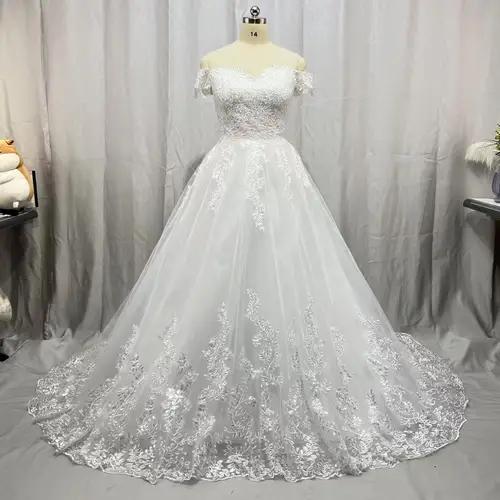 Imagen 2 del producto Vestido De novia blanco personalizado con hombros descubiertos, Vestido De novia De talla grande, tren hecho a medida, tul nupcial De talla grande