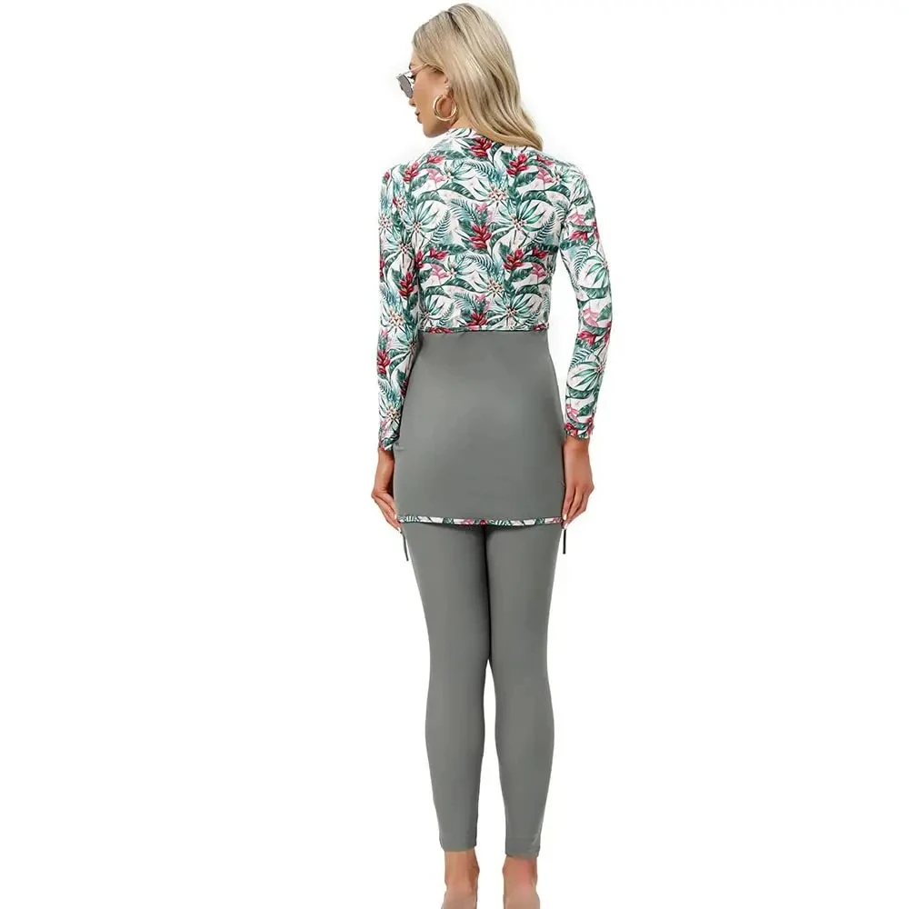 Women Burkini Floral Print Rash Guard Swimsuit - Long Sleeve Two-Piece Swimset Full Cover Muslim Swimwear