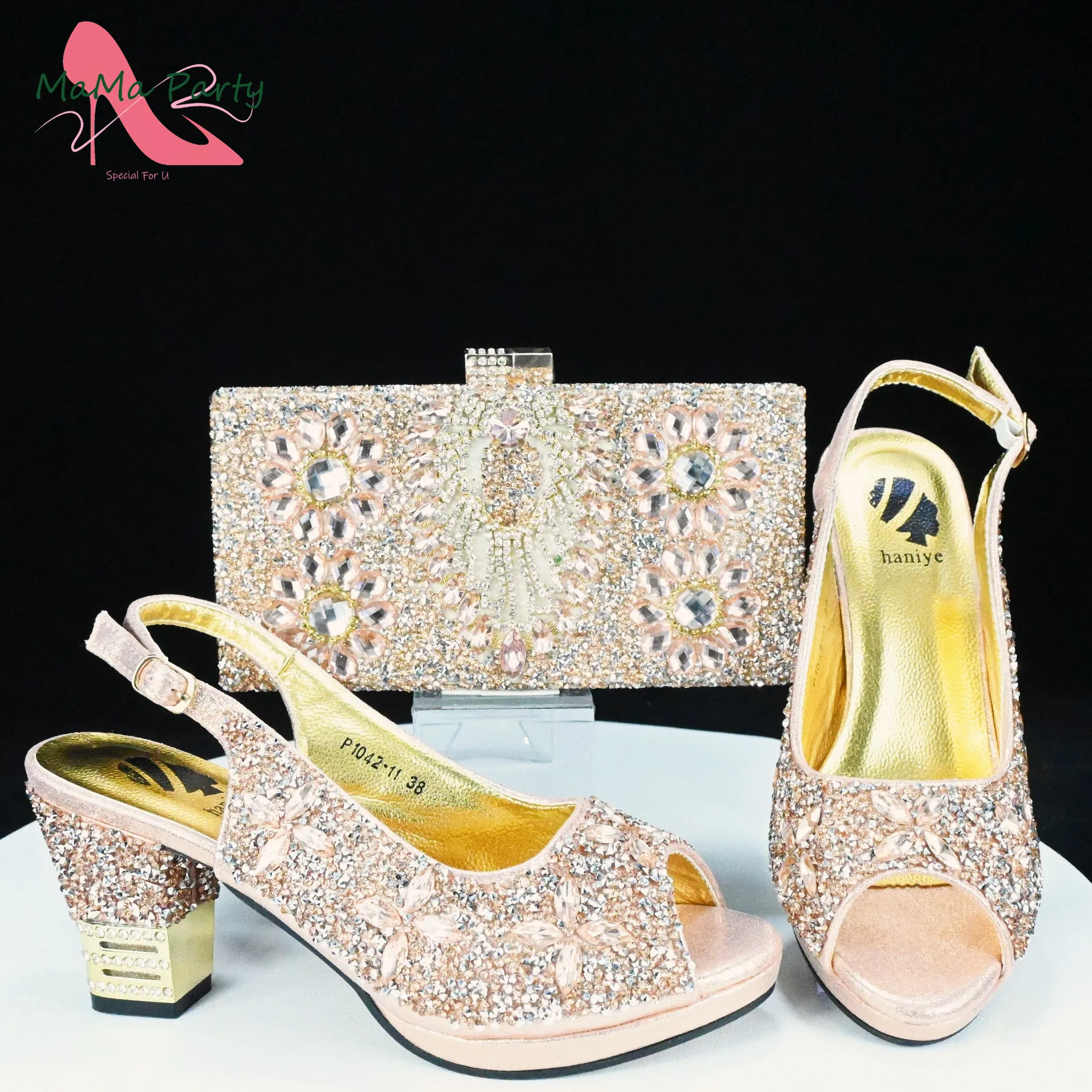 

2024 Retro Italian Women Shoes and Bag Set in Champagne Color Special New Design INS Hot Sale with Platform for Wedding Dress