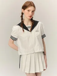 Women's Japanese Kawaii Zipper Shirts Preppy Style patchwork Sailor Collar Short Sleeve Blouse Summer Streetwear Top Tees Girls