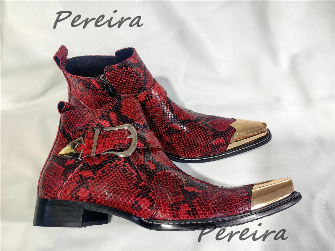 Red Snake Patterned Leather Short Boots Fashion Metal Belt Buckle Iron Pointed Toe Zipper Ankle Boots Party Banquet Dress Shoes