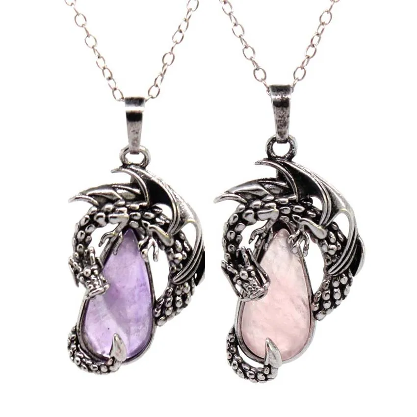Натуральный кристалл граненый камень дракон кулон ожерелье для женщин аметист кварц тигровый глаз камень подвески мужские винтажные украшения