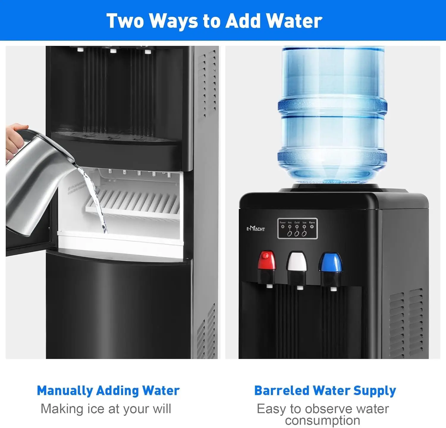 Built-in Ice Maker, Top Loading Water Cooler Dispenser for 3-5 Gallon Bottle with a Scoop, 3 Temps, Child Safety Lock, ETL Liste