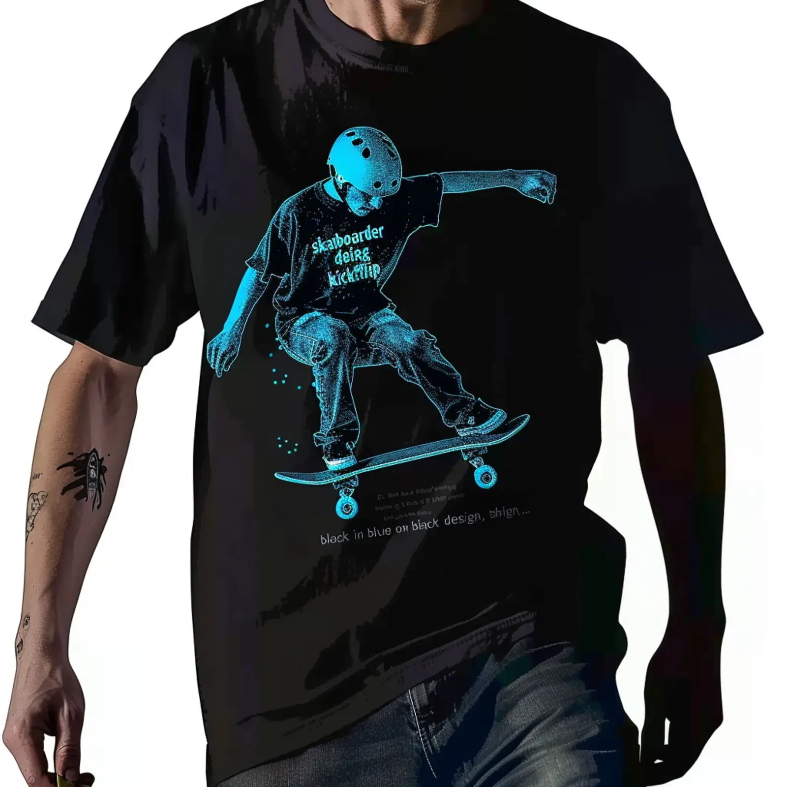 Skateboarder Kickflip Blue Design Black T Shirt Cool Tee for Skaters